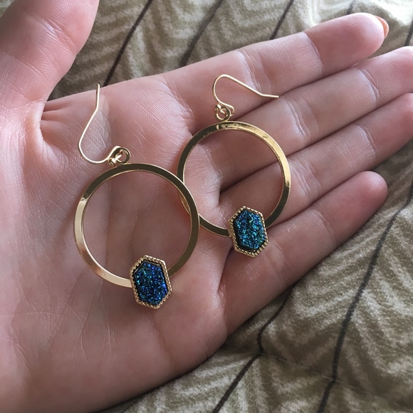 'Spark' Hexagonal Druzy Set Gold Hoop Earrings - Picture 5 of 6